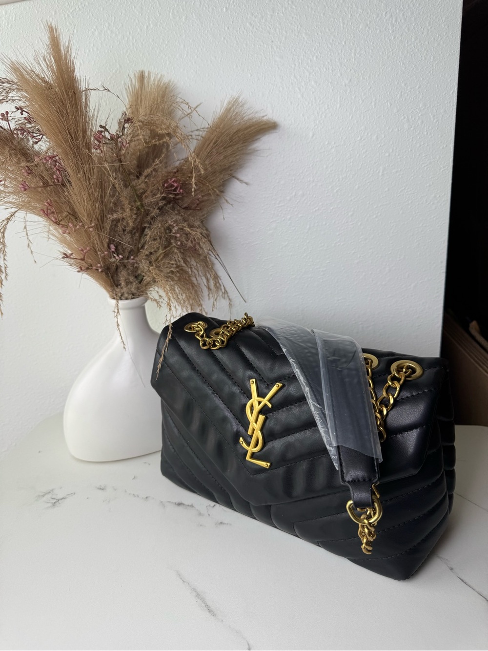 Saint Laurent Black Quilted Shoulder Bag with Gold Hardware and Chain